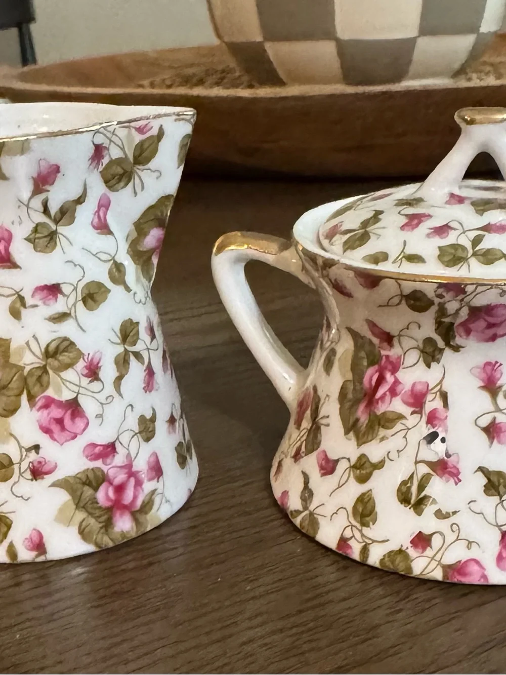 Lefton Rose Chintz Porcelain Sugar Bowl & Creamer Set with Gold Trim